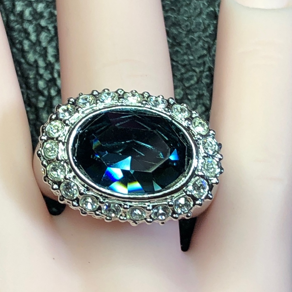 Silver London Blue Teal Crystal Ring Big Statement Camille Lucie France sz 7.5